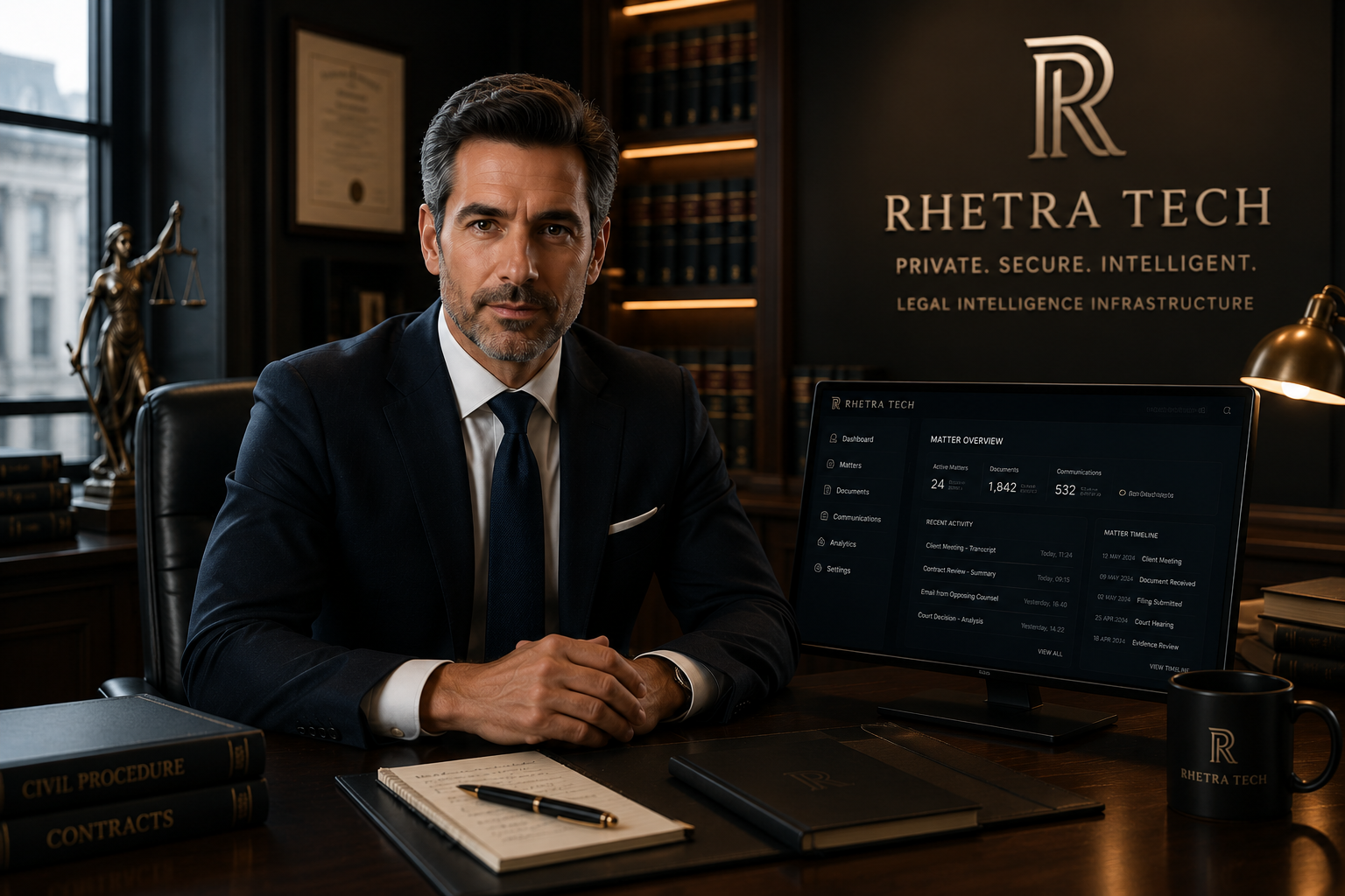 Rhetra Tech male legal AI presenter in a premium law office